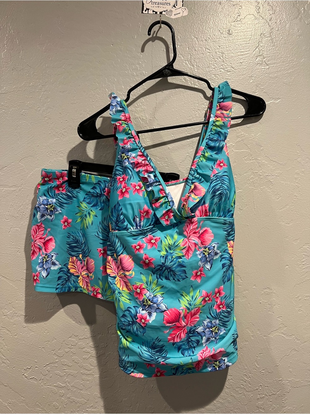 Girls Turquoise Tropical Floral One-Piece Bodysuit with Ruffle Straps